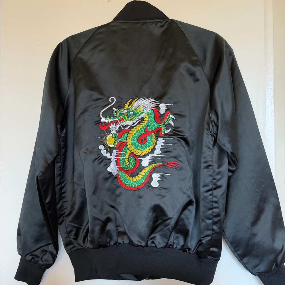 Black Satin Dragon Embroidered Jacket Bomber size M L